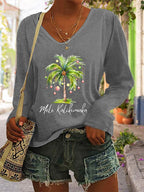 Women's Casual Mele Kalikimaka Printed Long Sleeve T-Shirt