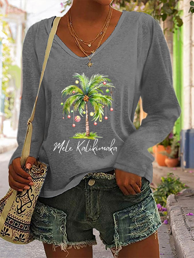 Women's Casual Mele Kalikimaka Printed Long Sleeve T-Shirt