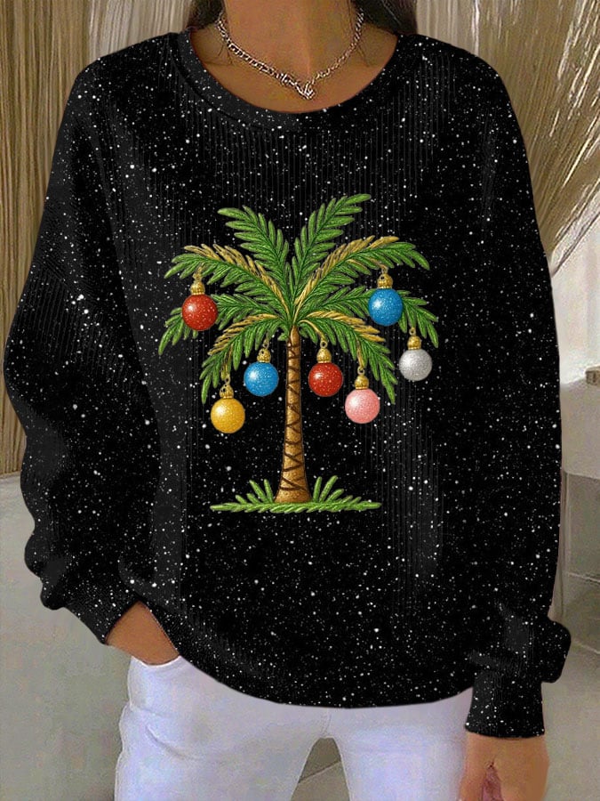 Women's Christmas Print Knit Crew Neck Long Sleeve Top
