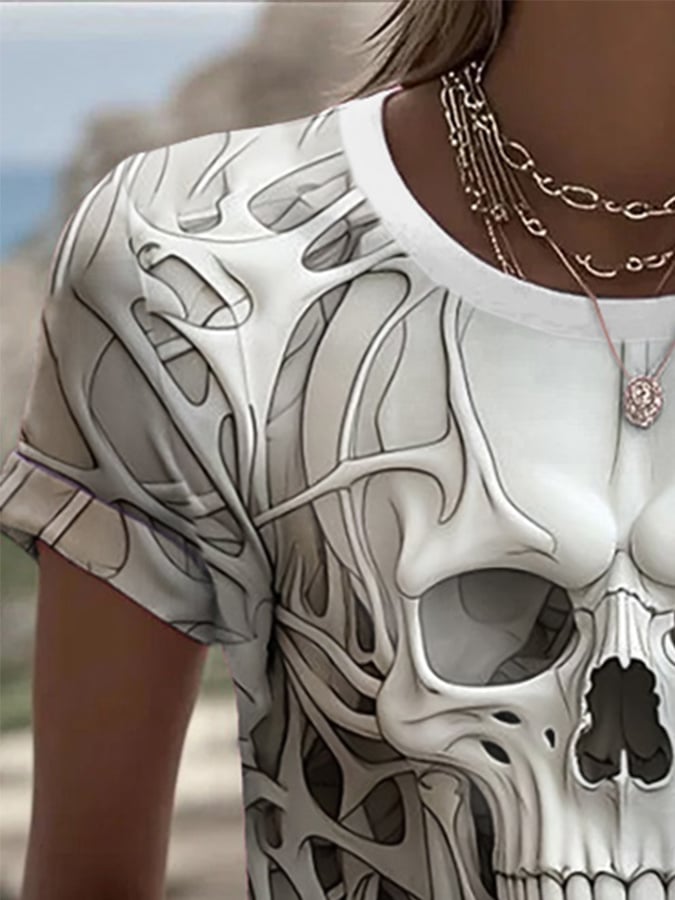 Women's Halloween Skull Print Crew Neck T-Shirt