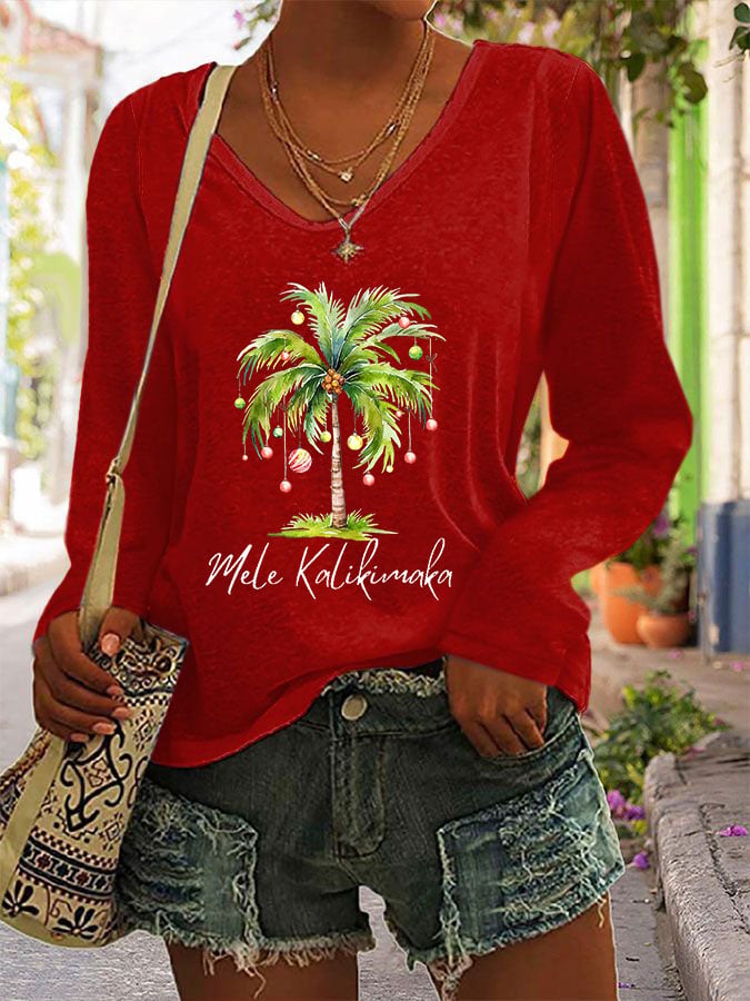 Women's Casual Mele Kalikimaka Printed Long Sleeve T-Shirt