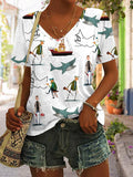 Women's Shark Art Print V Neck T-shirt