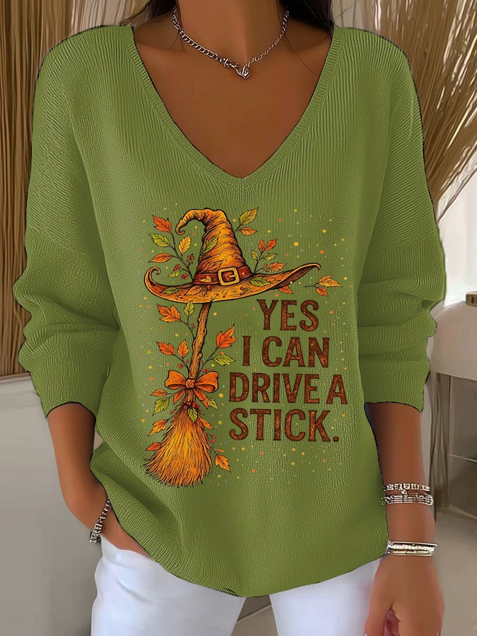 Women's Yes I Can Drive A Stick Print V Neck Sweater