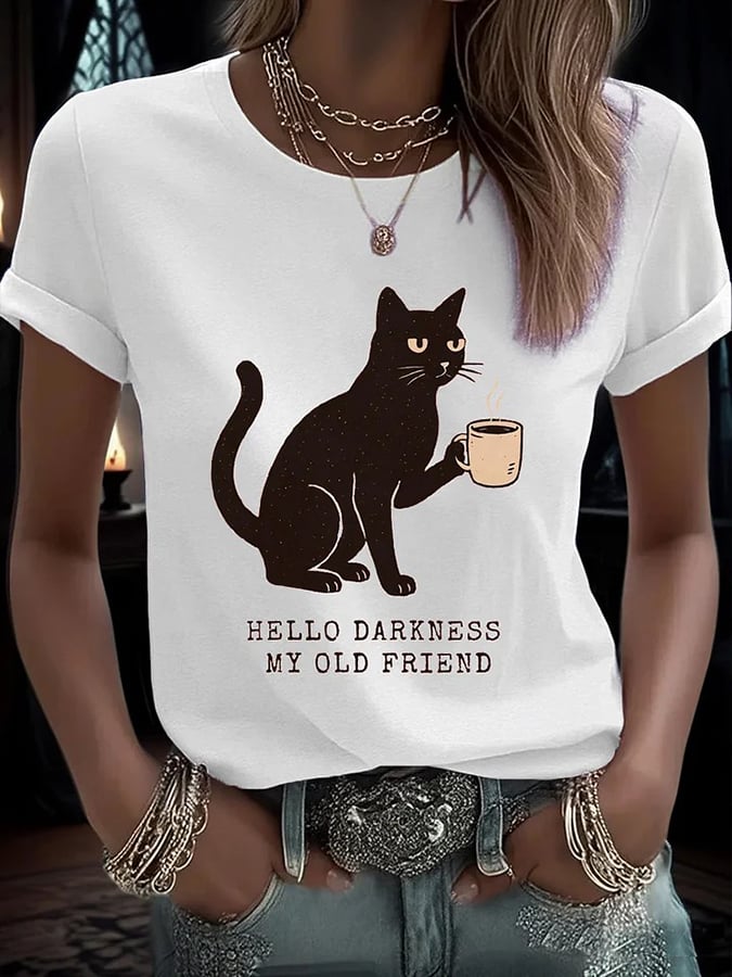 Women's Hello Darkness Halloween Print Round Neck T-Shirt