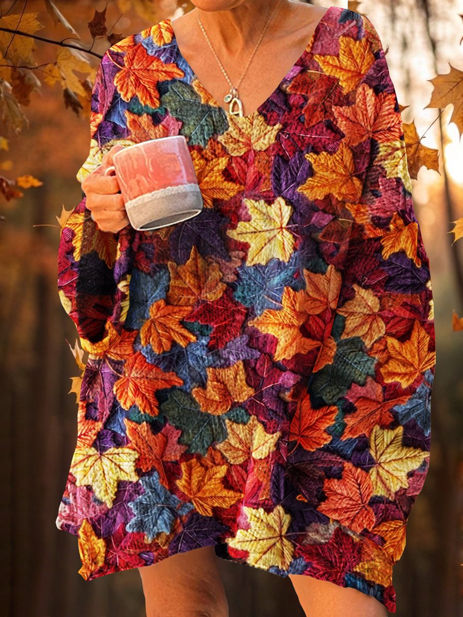 Women's Autumn Maple Leaves Art Print V-Neck Knit Sweater