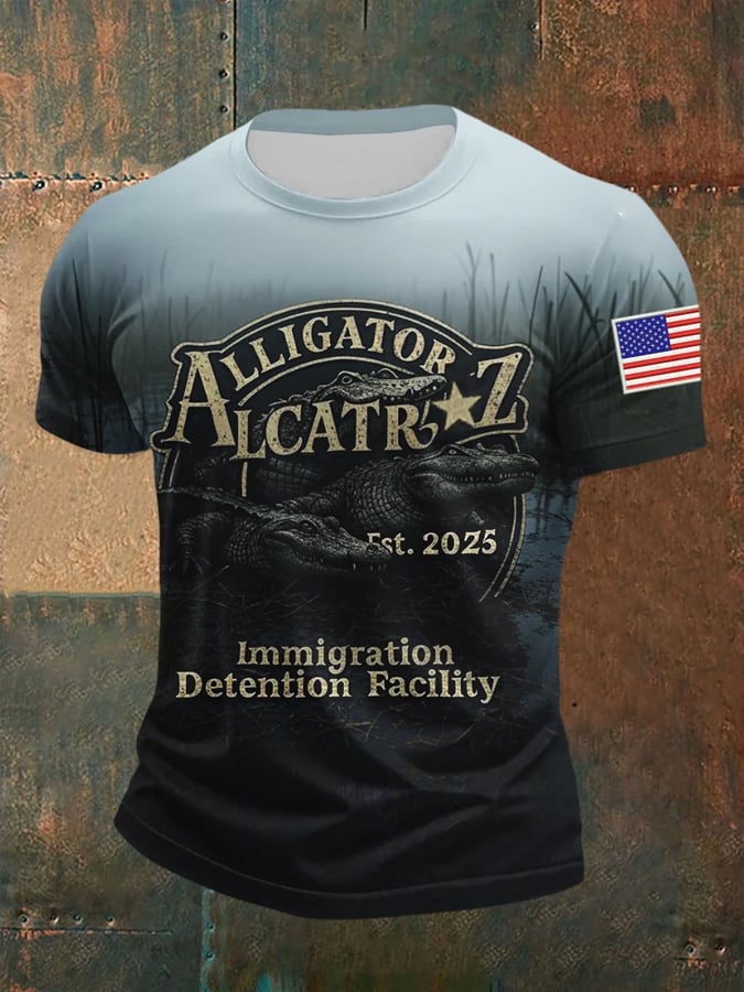 Men's Retro Alligator Alcatraz Funny Florida Everglades Dark Humor  Patoitic Print T-Shirt