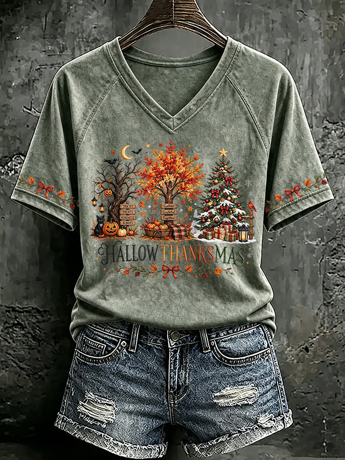 🔥🔥2nd 50% Off 🔥🔥V Neck Retro Happy Hallothanksmas Halloween Thanksgiving Christmas Print T-Shirt