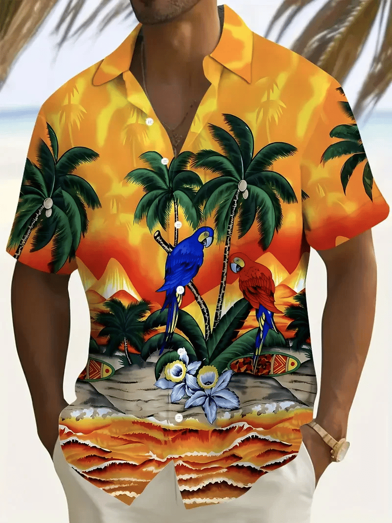 Men's Hawaiian Shirt Flora Parrot Print Pocket Short Sleeve Shirt