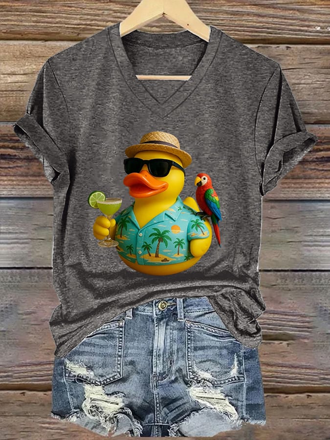 V-Neck Retro Parrot Margarita Memorial Duck Print T-Shirt