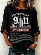 Women's "Never Forget 9/11" Pattern Comfortable Round Neck Retro Cotton Linen Top