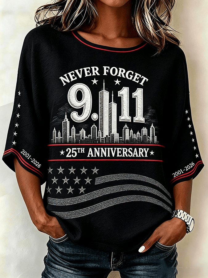 Women's "Never Forget 9/11" Pattern Comfortable Round Neck Retro Cotton Linen Top