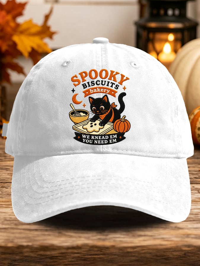 Retro Halloween Cat Baking Pumpkin Ghost Spooky Biscuits Bakery We Knead Em You Need Em Print Baseball Cap