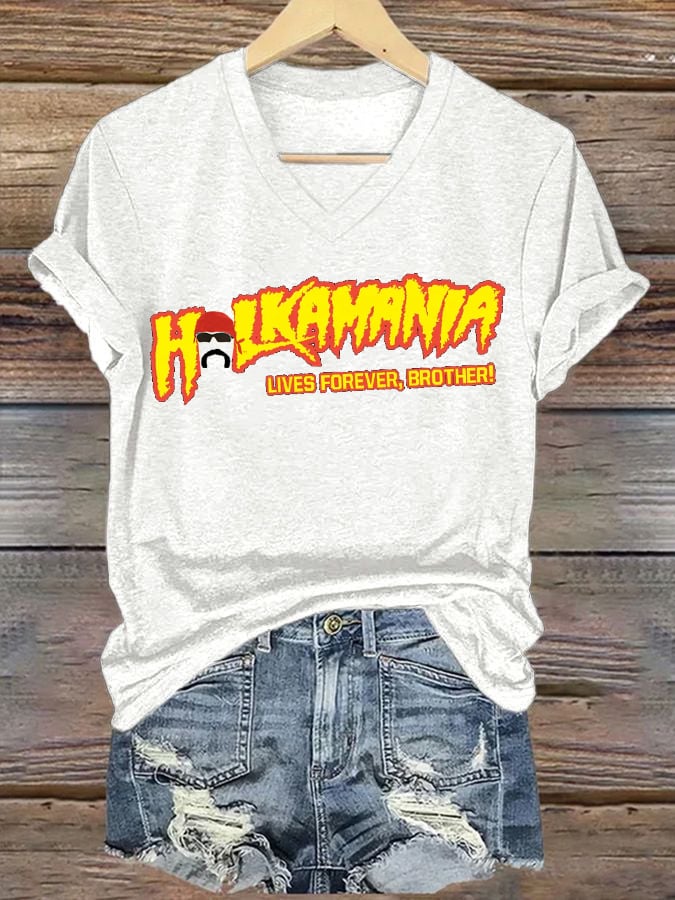Women's Hot Top Legendary Wrestler Print V-Neck T-Shirt