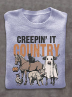 Cow Horse Black Cat Pig Ghost West Halloween Art Print Thin Sweater