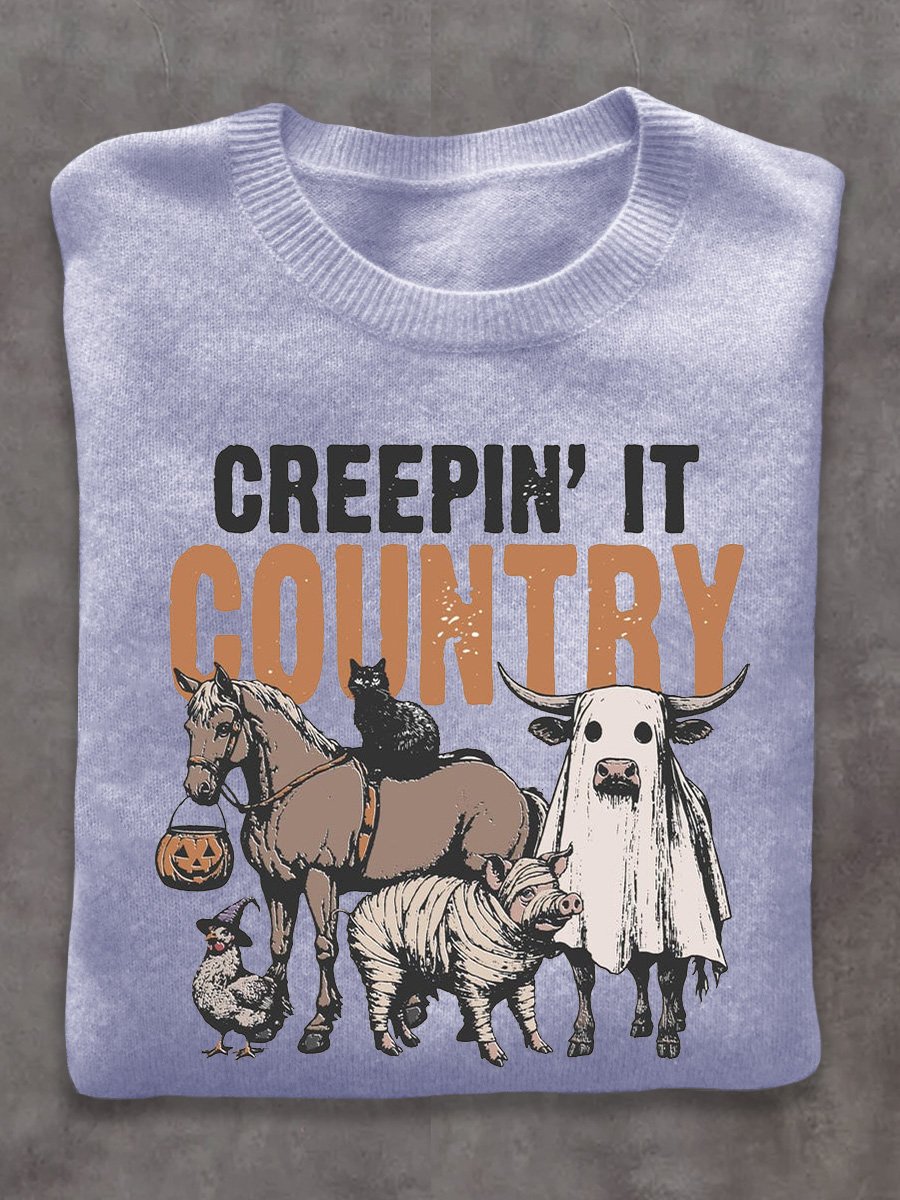 Cow Horse Black Cat Pig Ghost West Halloween Art Print Thin Sweater