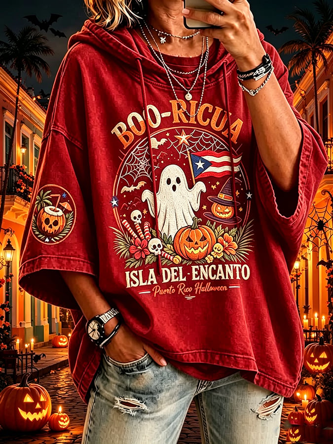 Women's Puerto Rico Halloween Print Graphic Waffle-Knit Casual T-Shirt