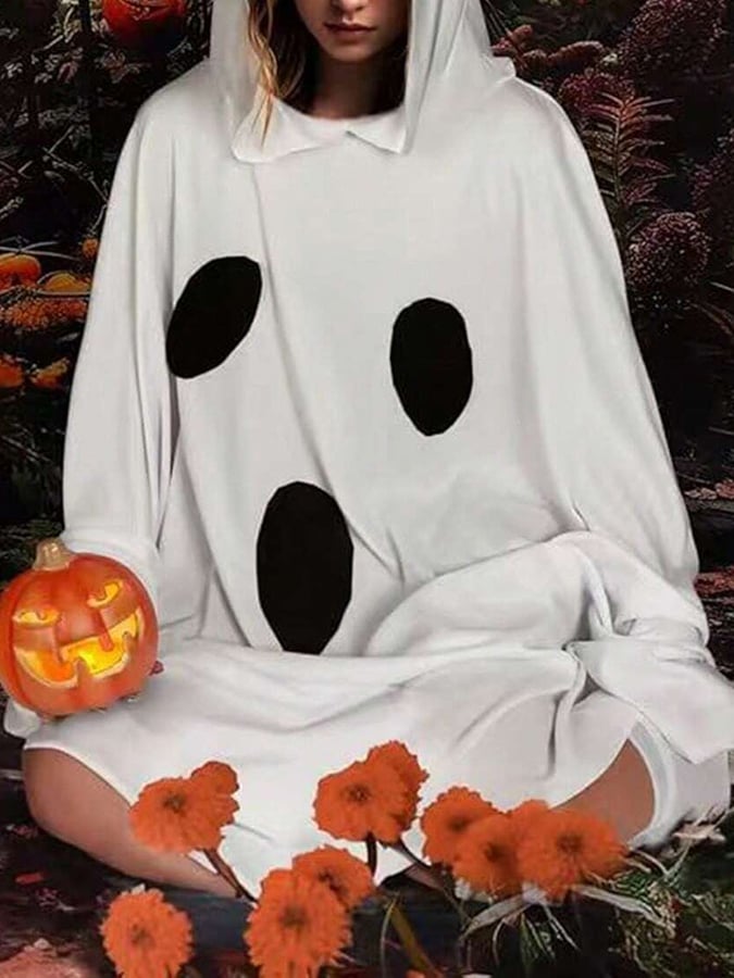 Unisex Ghost Print Halloween Hooded Cape
