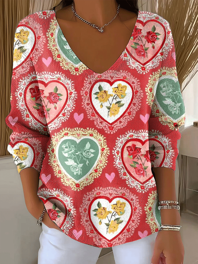 Women's Flowers Pattern Casual Print Long Sleeve Top