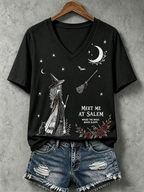 Women's Halloween Meet Me At Salem Print V Neck T-Shirt