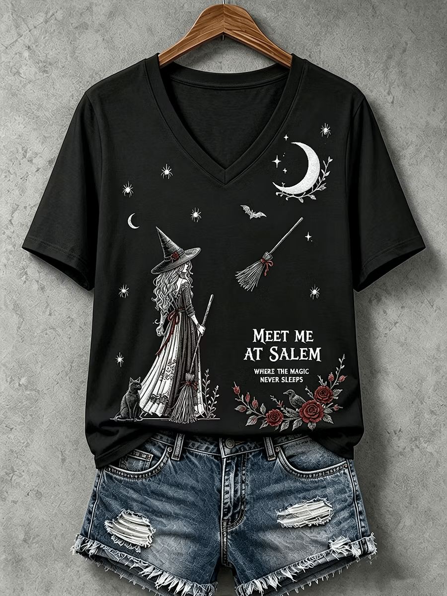 Women's Halloween Meet Me At Salem Print V Neck T-Shirt