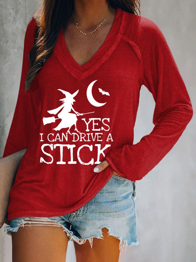 Women's Yes I Can Drive A Stick Print Long Sleeve Casual T-Shirt