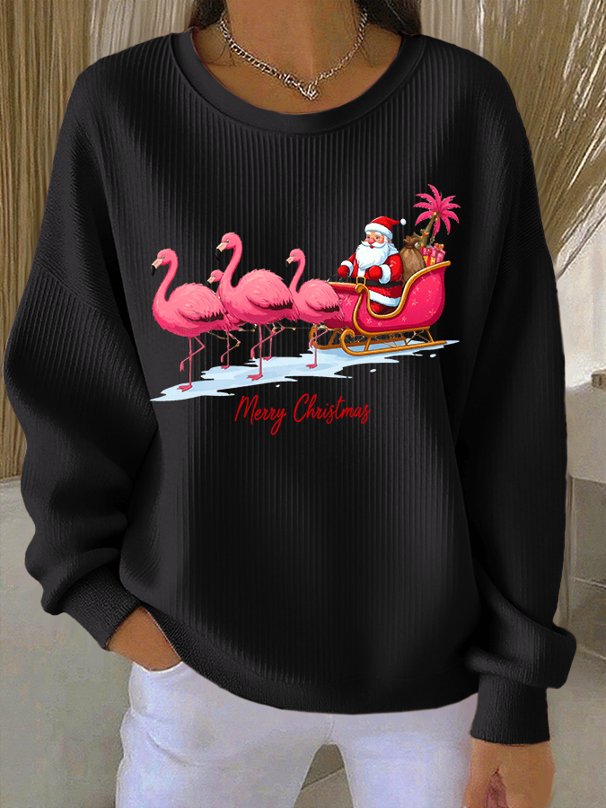 Women's Christmas Flamingo Print Knitted Crew Neck Long Sleeve Top