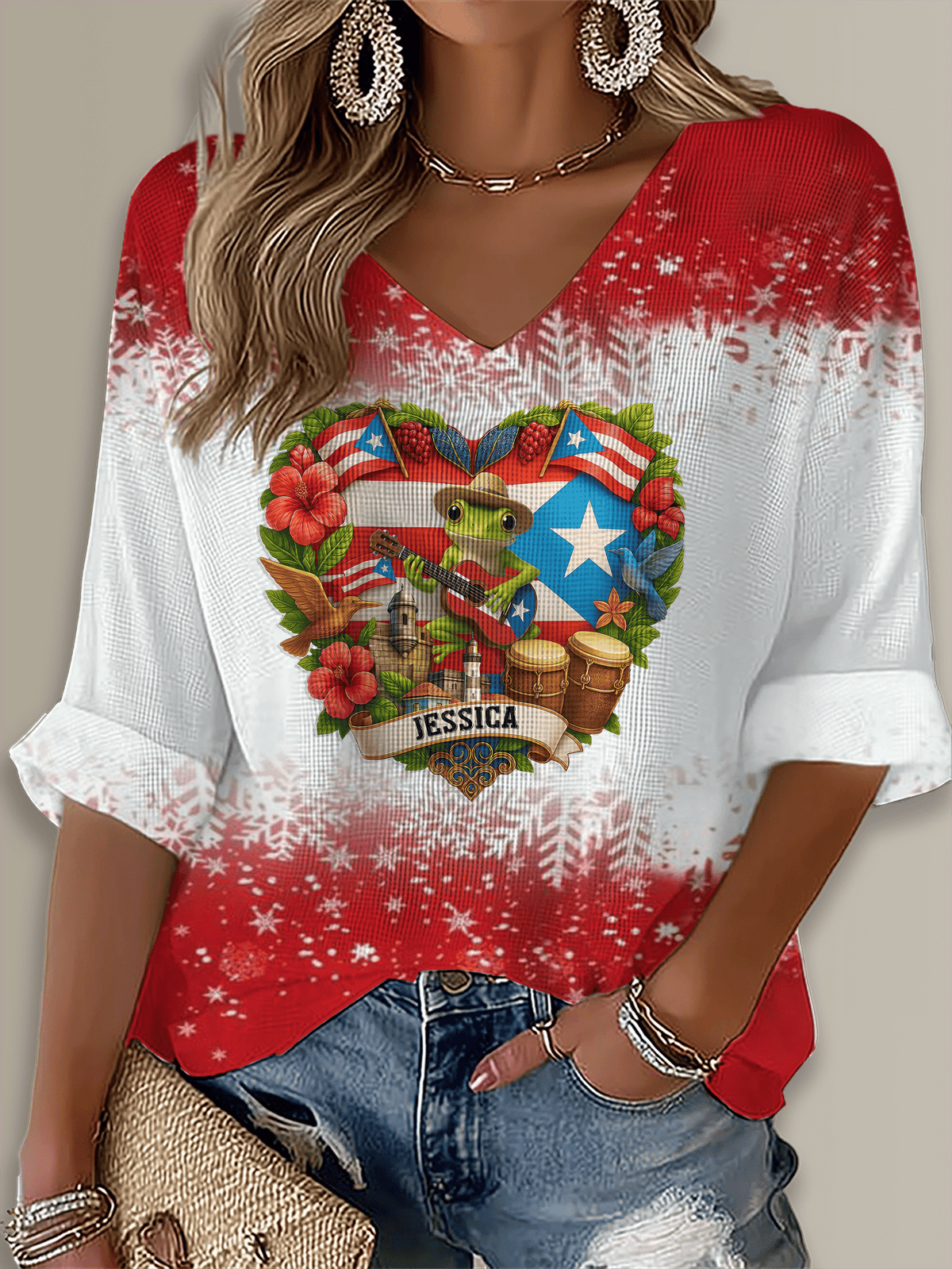 Puerto Rico Li Navidad Christmas Printed Long Sleeve Top