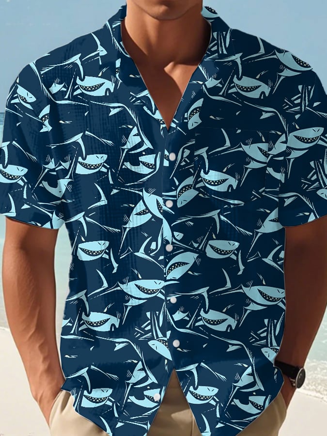 Men's Casual Great White Shark Print Waffle Vacation Shirt