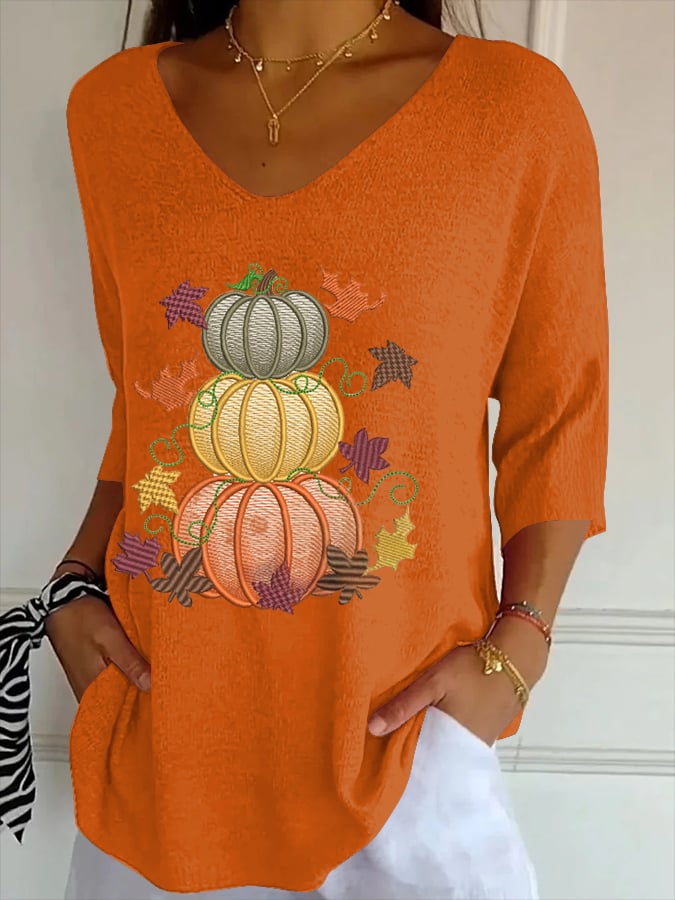 Women's Casual Autumn Pumpkin Striped T-Shirt