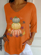 Women's Casual Autumn Pumpkin Striped T-Shirt