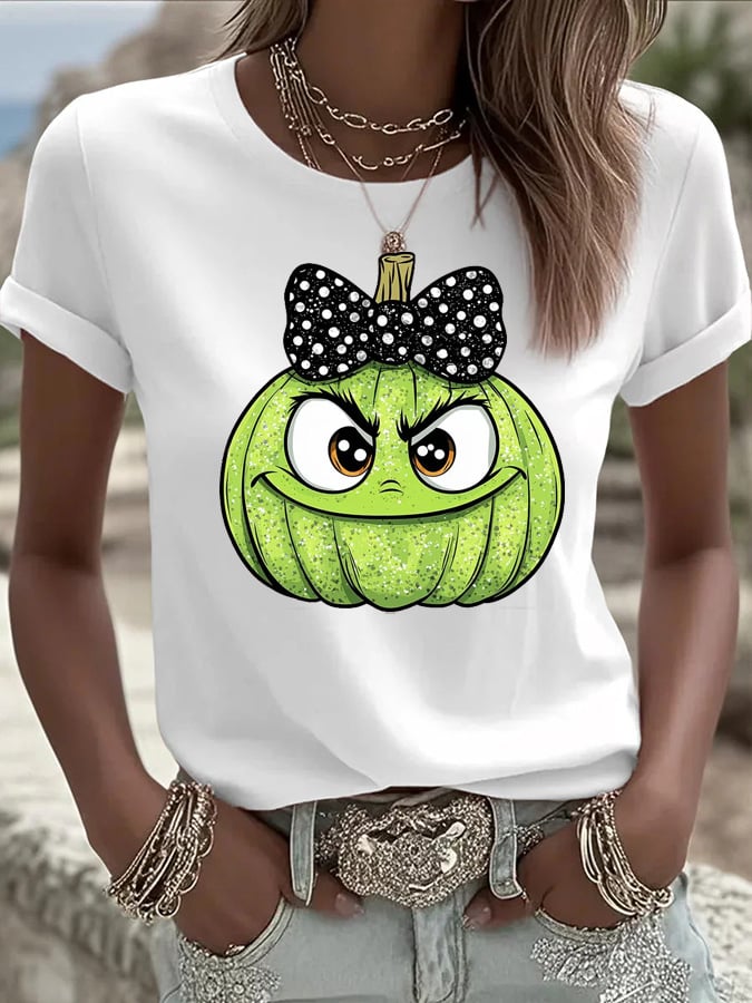 Women's Halloween Pumpkin Face Print Crew Neck T-shirt