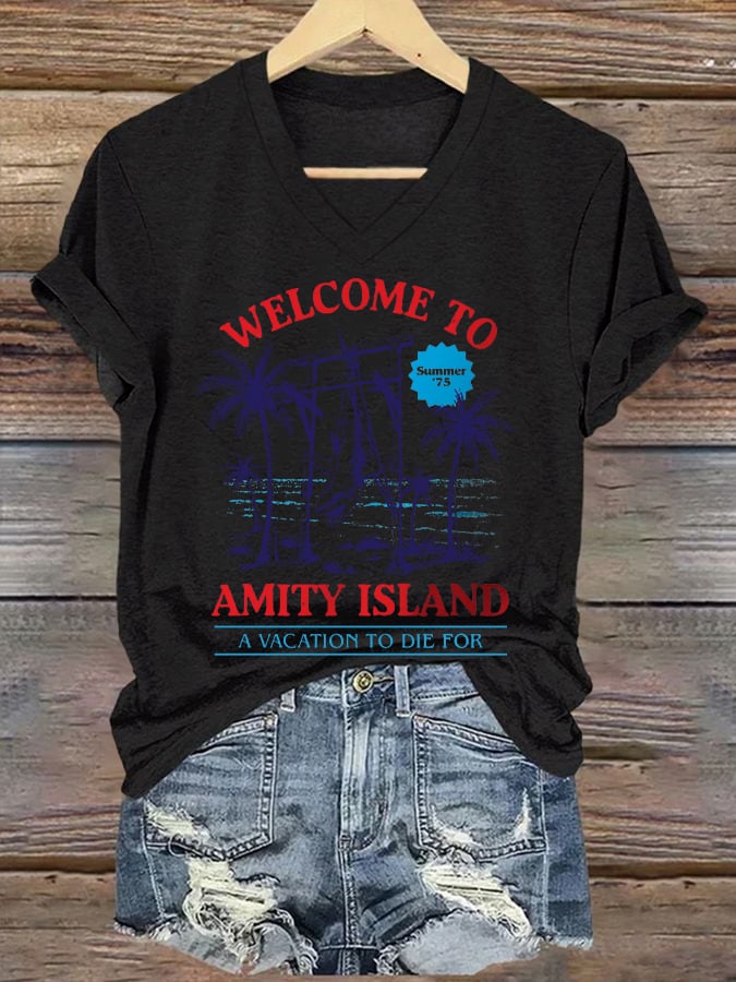 Women's Welcome To Amity Island A Vacation To Die For Print V Neck T-shirt