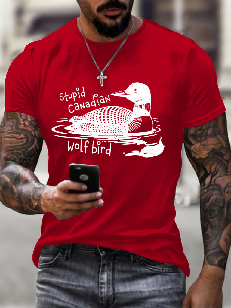 Men's Stupid Canadian Wolf Bird Print T-Shirt