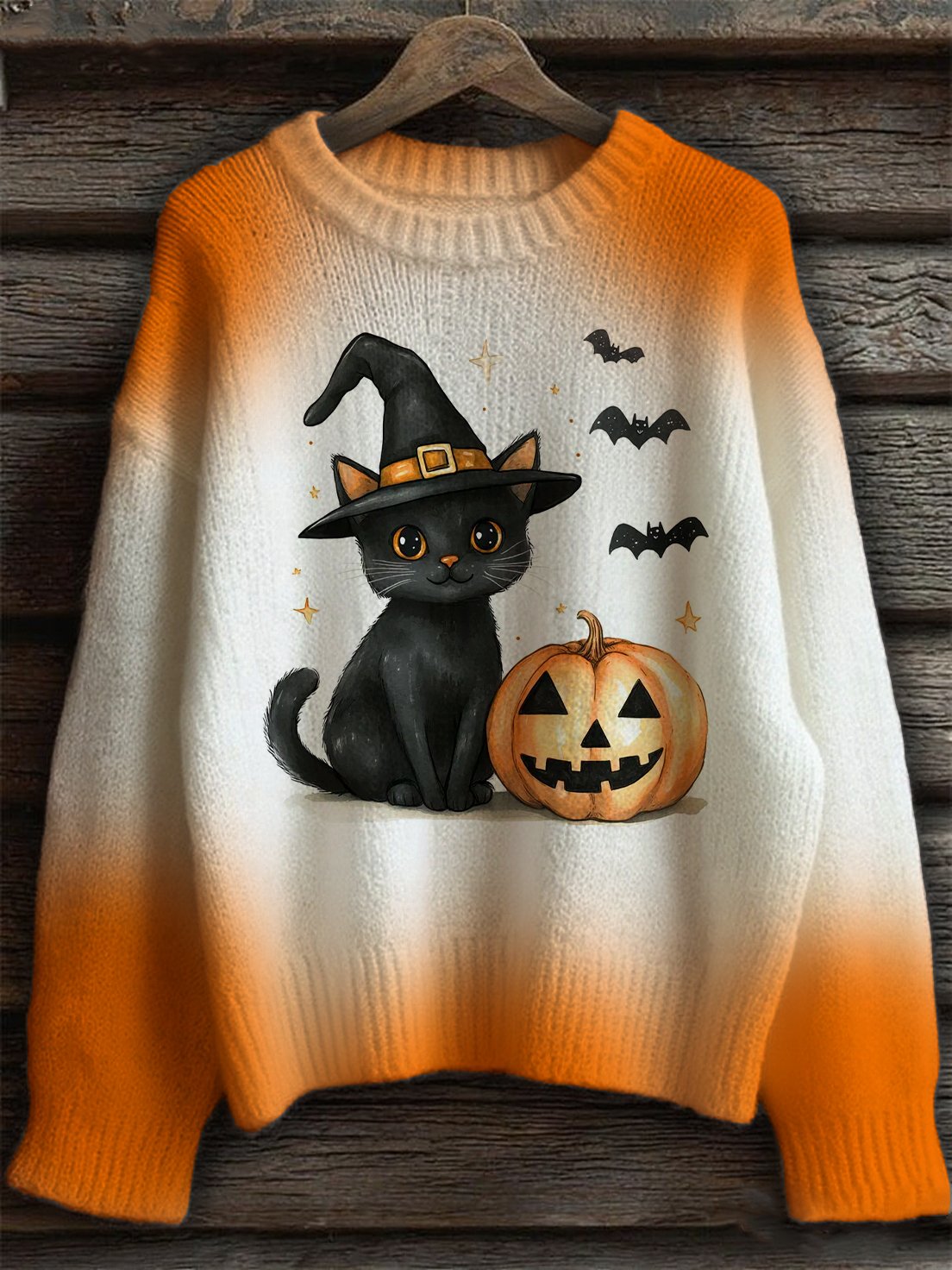 Halloween Cat Pumpkin Colorful Casual Print Cozy Knit Sweater