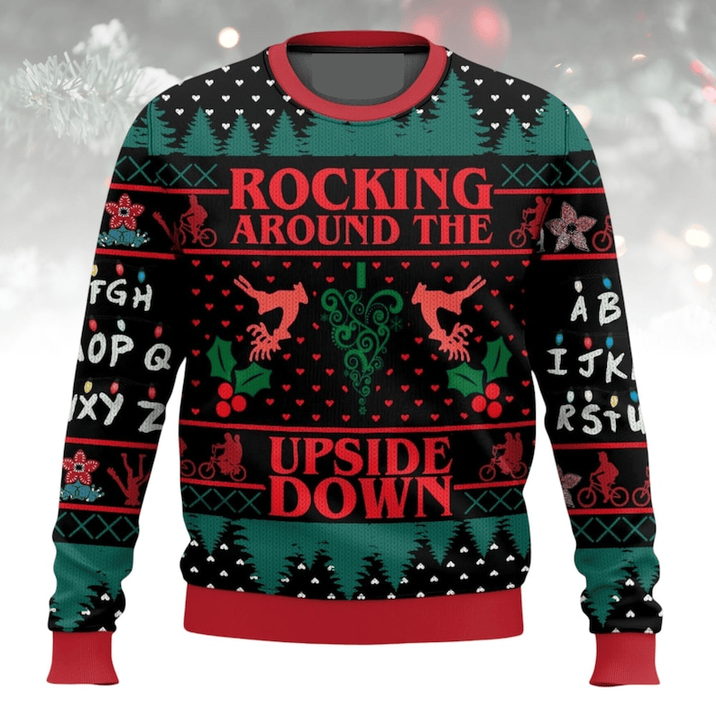 Unisex Rocking Around The Upside Down Christmas Art Printed Sweatshirt