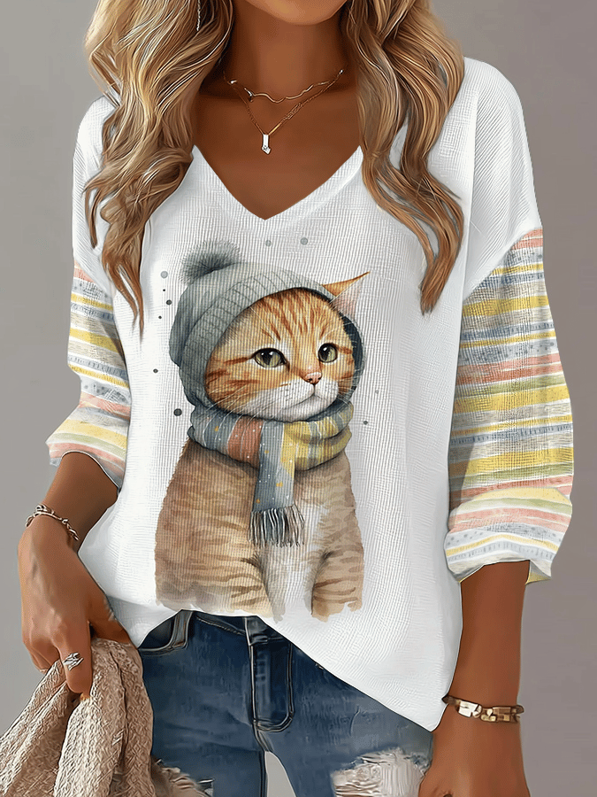 Women's Retro Cat Print Waffle Long Sleeve T-Shirt