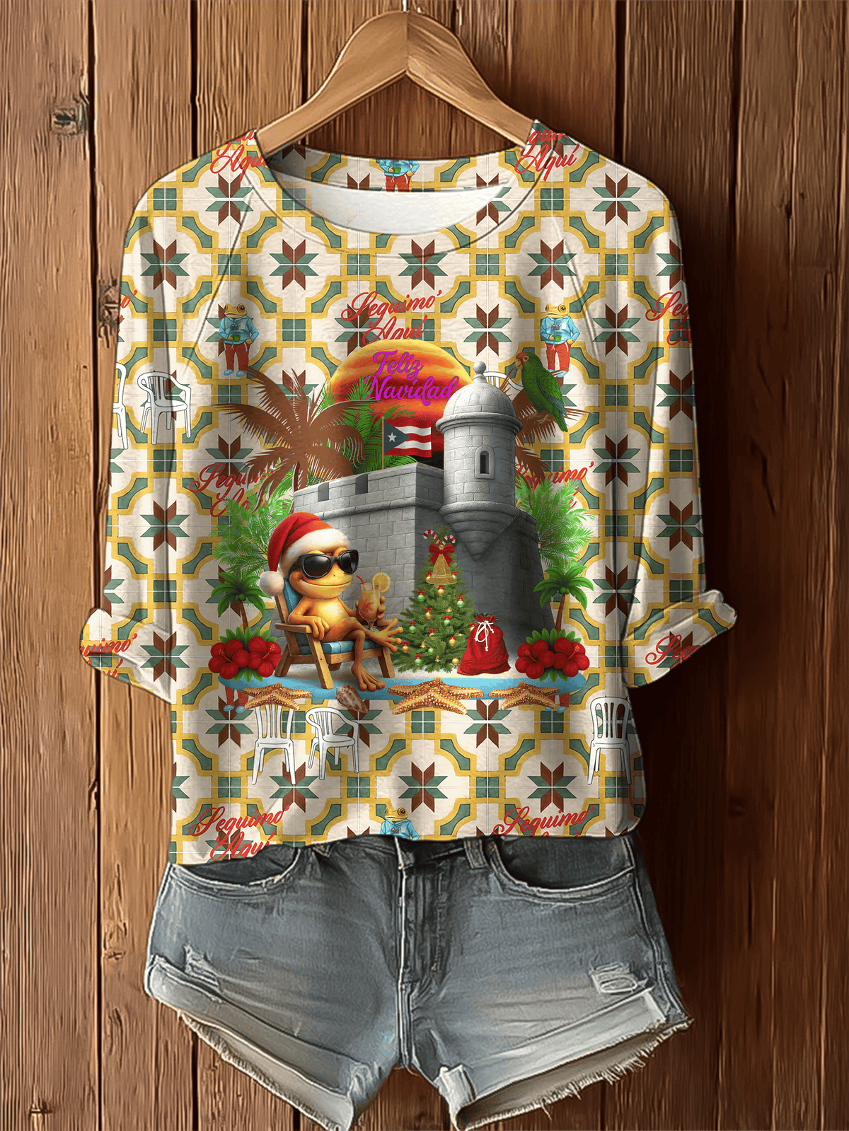 Puerto Rican Christmas Tree Printed Raglan Top