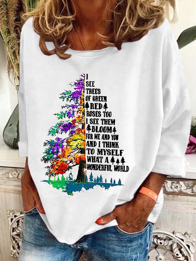 Retro Hippie Christmas I See Trees Of Green, Red Roses Too I See Them Bloom For Me And You And I Think To Myself What A Wonderful World Print Sweatshirt