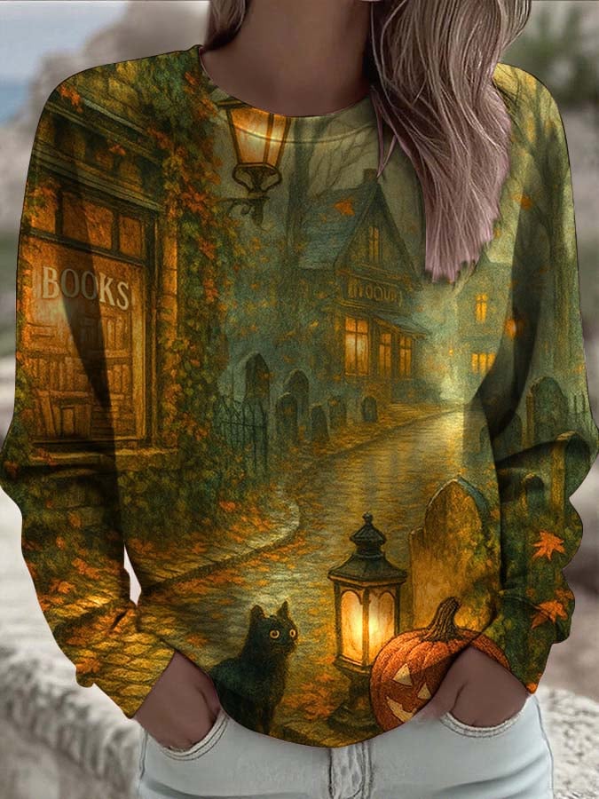 Halloween Spooky Books Printed Long Sleeve Top