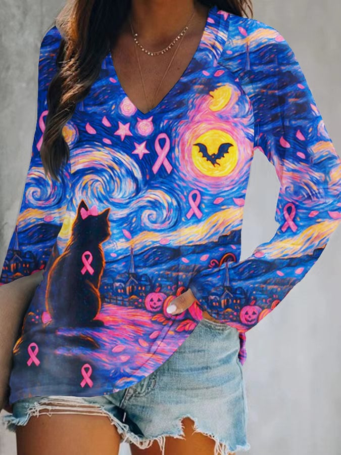 Black Cat Breast Cancer Halloween Art Print V-Neck T-Shirt