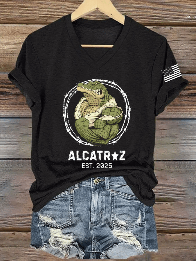 Women's Alligator Alcatraz Print V-Neck T-Shirt