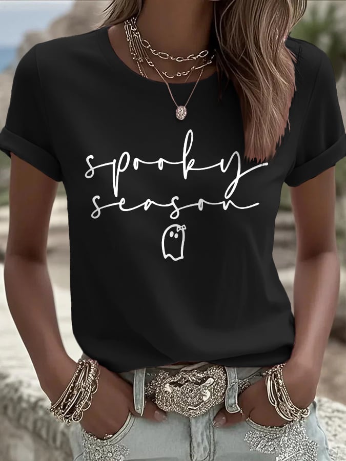 Women's Halloween Printed Round Neck T-Shirt