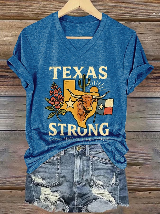 V-Neck Retro Texas Strong Come Hell Or High Water Print T-Shirt