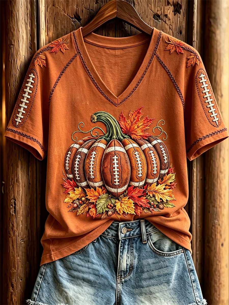 Women's Football Inspired Fall Pumpkin Print T-shirt