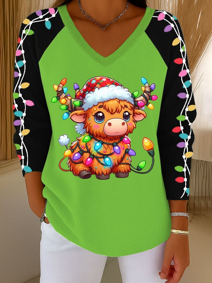 Women's Retro Fun Christmas Highland Cow Light String Print Top