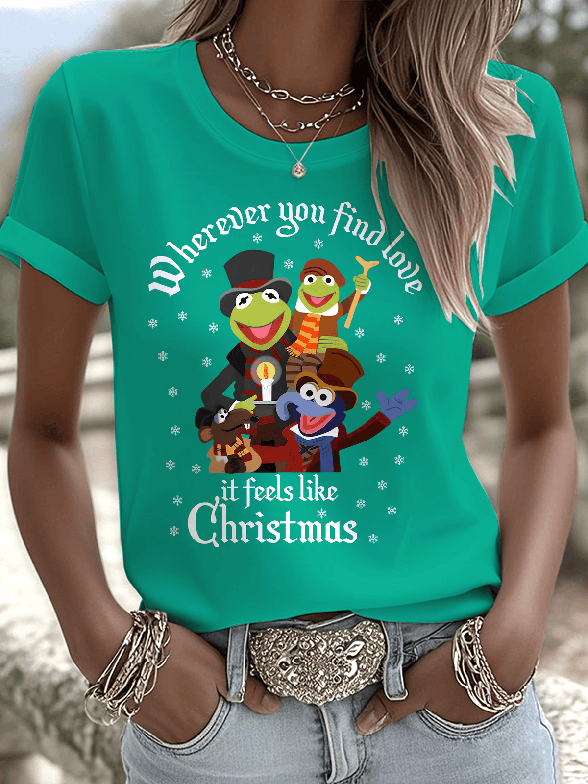 Merry Christmas Printed Round Neck T-Shirt