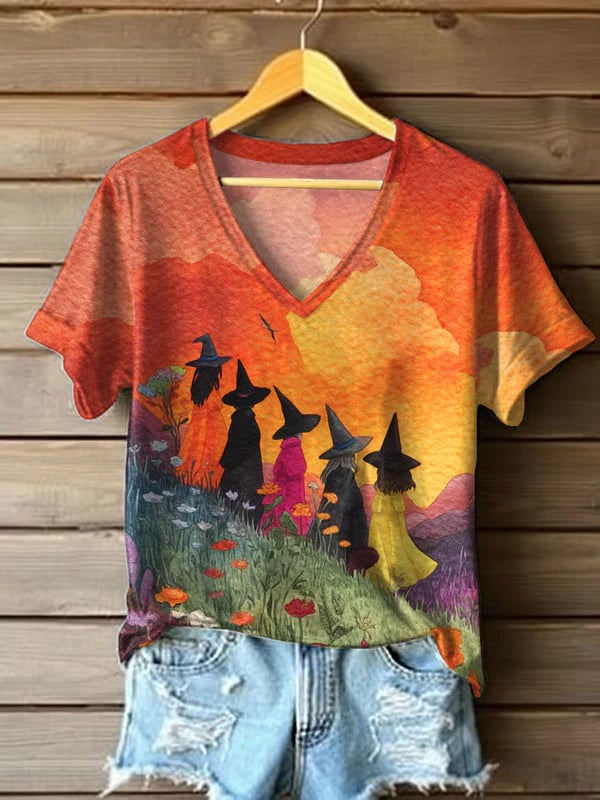 Halloween Witch Casual Print Short Sleeve V Neck T-Shirt
