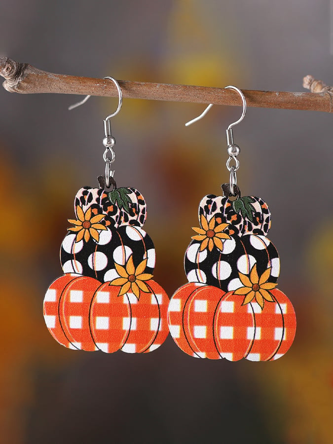 Women's Autumn Harvest Polka Dot Check Pumpkin Flower Pendant Earrings Wooden Double-Sided Earrings