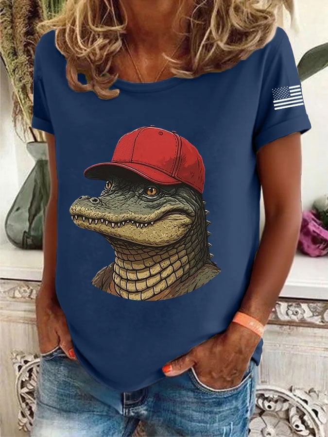 Women's Alligator Alcatraz Printed Round Neck T-Shirt