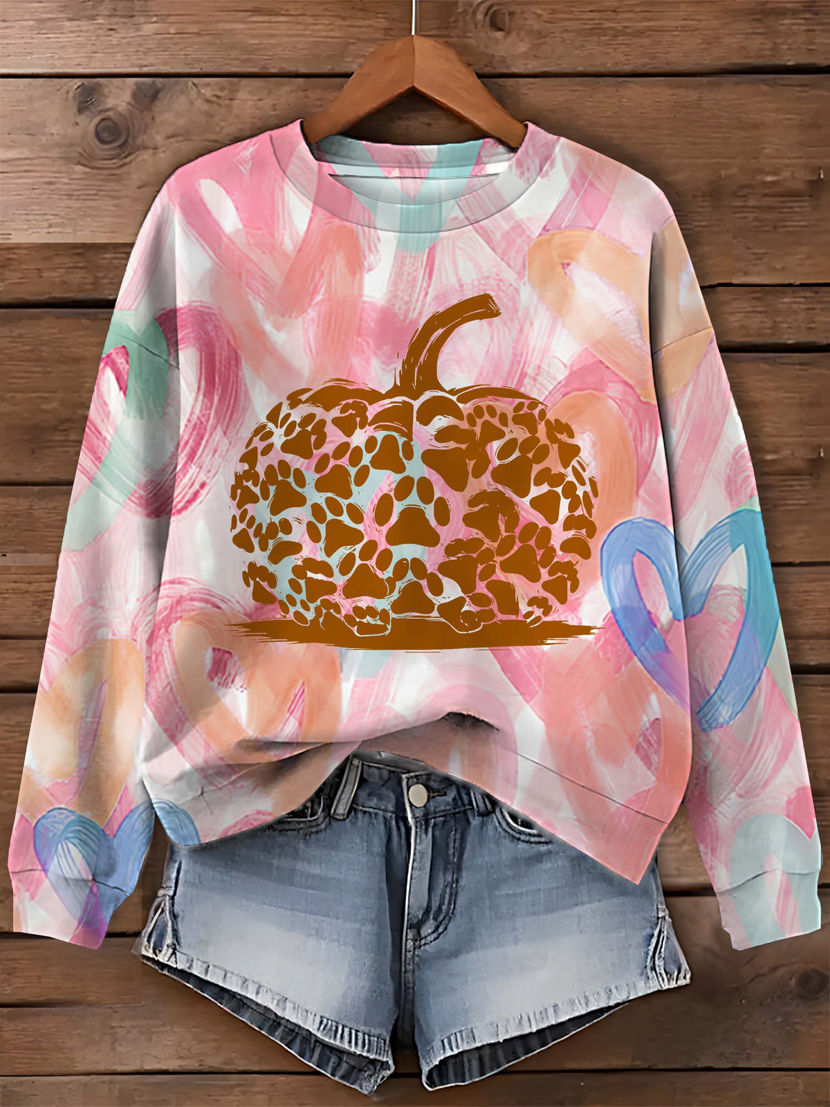 Spooky Season Halloween Pupkin Patch Paw Printed Long Sleeve Top